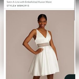 Chic White Satin Mini Dress with Embellished Waist